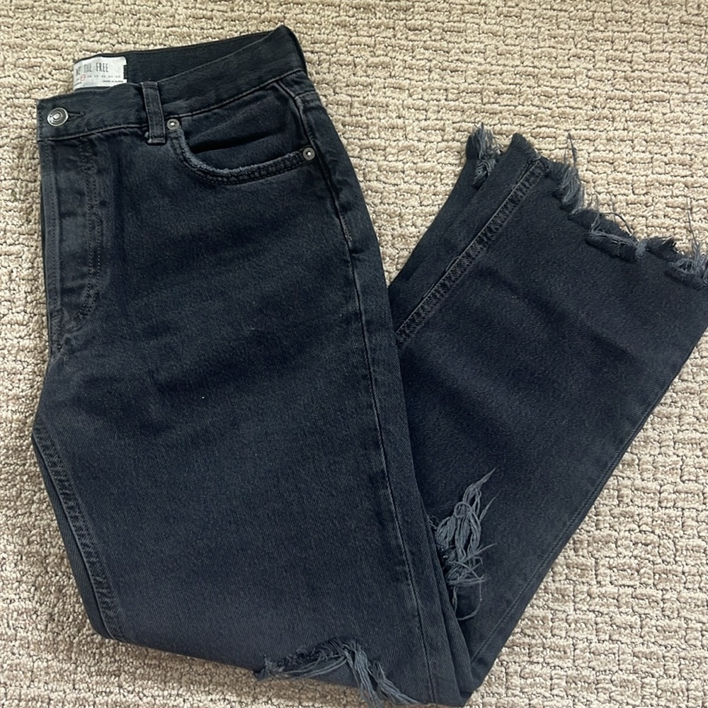 Free People Black Boyfriend Jeans with Frayed Hem